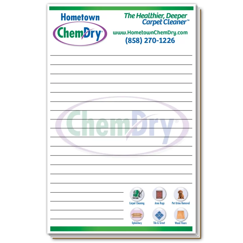Front view of custom printed ChemDry branded notepad
