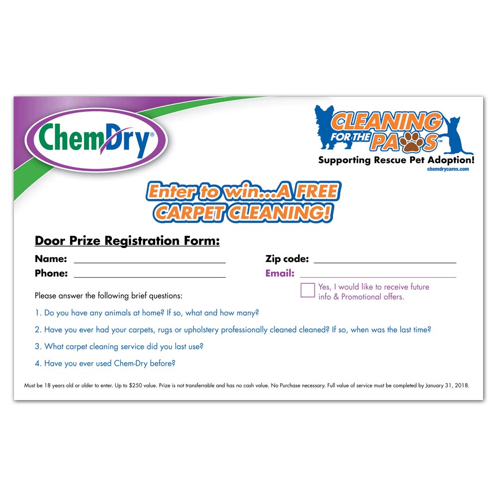 front view of a custom printed ChemDry notepad with cleaning for the paws logo and registration information
