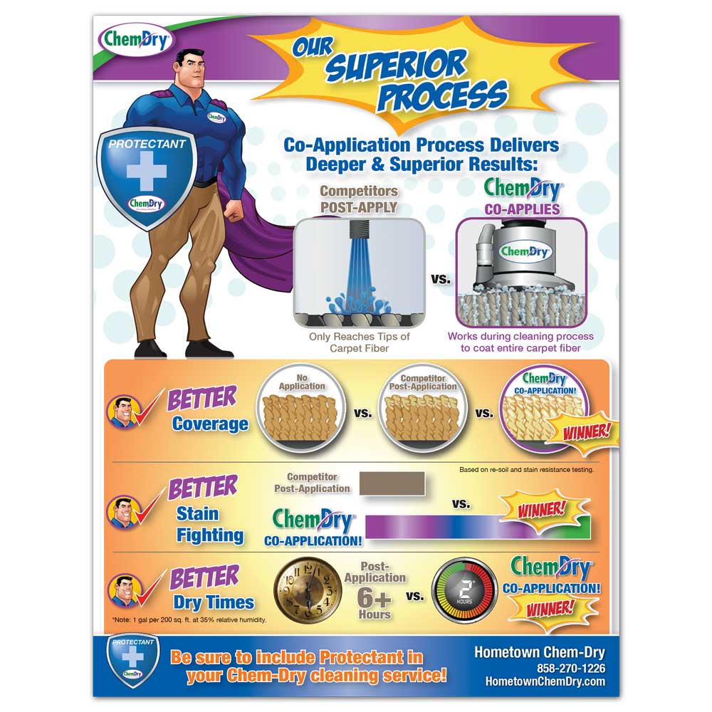 Back view of a custom printed ChemDry Flyer with protectant process and animated character