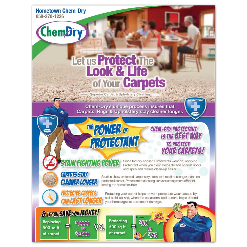 Front view of a custom printed ChemDry Flyer with protectant process and animated character