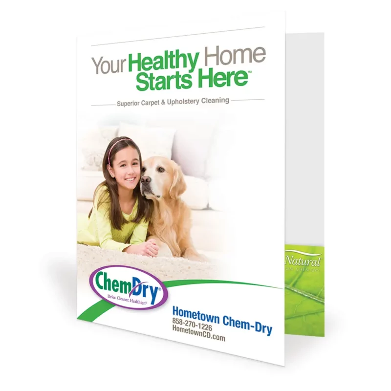 Front profile view of a custom printed ChemDry branded presentation folder with girl and dog laying on clean carpet