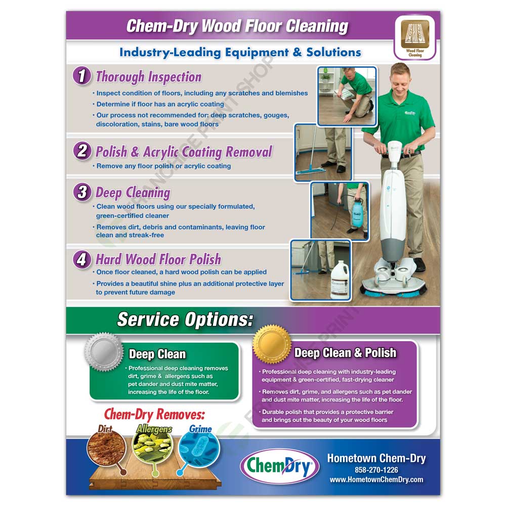 Back view of a custom printed ChemDry Commercial Flyer with available cleaning services