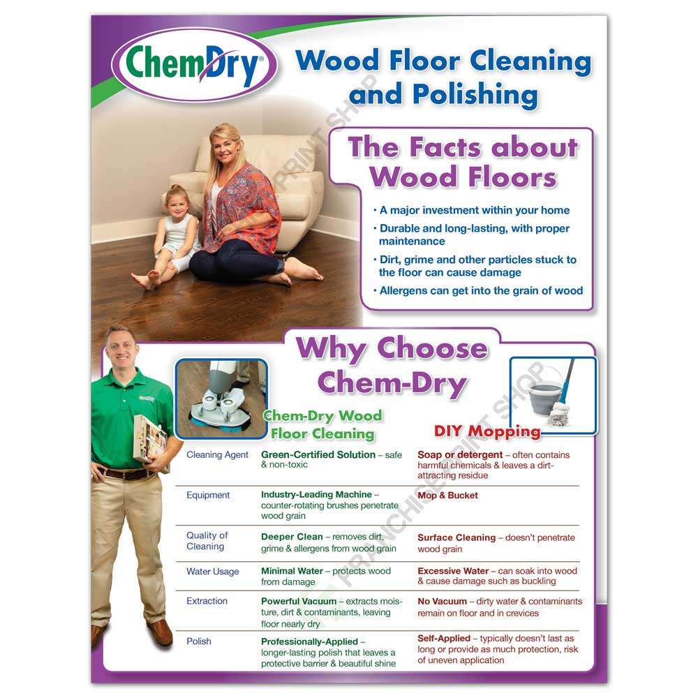 Front view of a custom printed ChemDry residential Flyer with facts about wood floor cleaning
