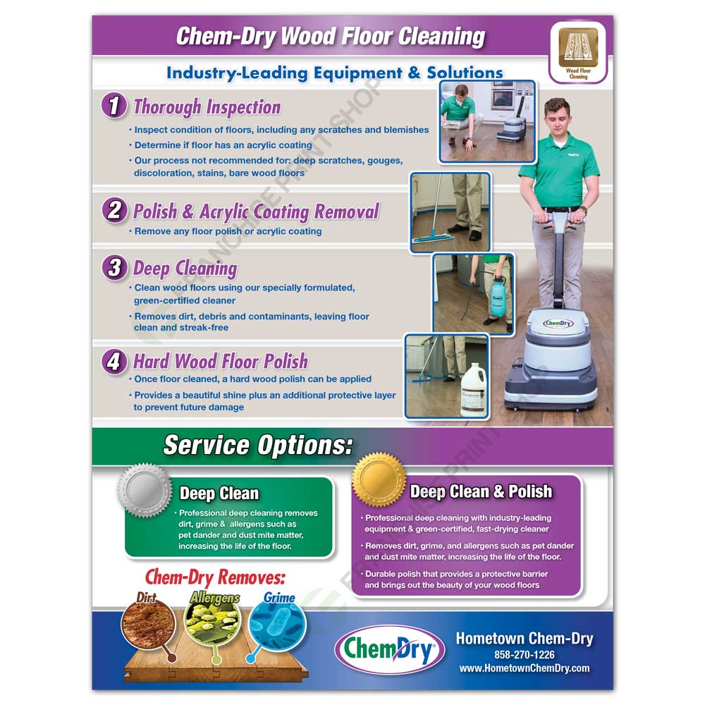 Back view of a custom printed ChemDry residential Flyer with facts of wood floor cleaning and polishing