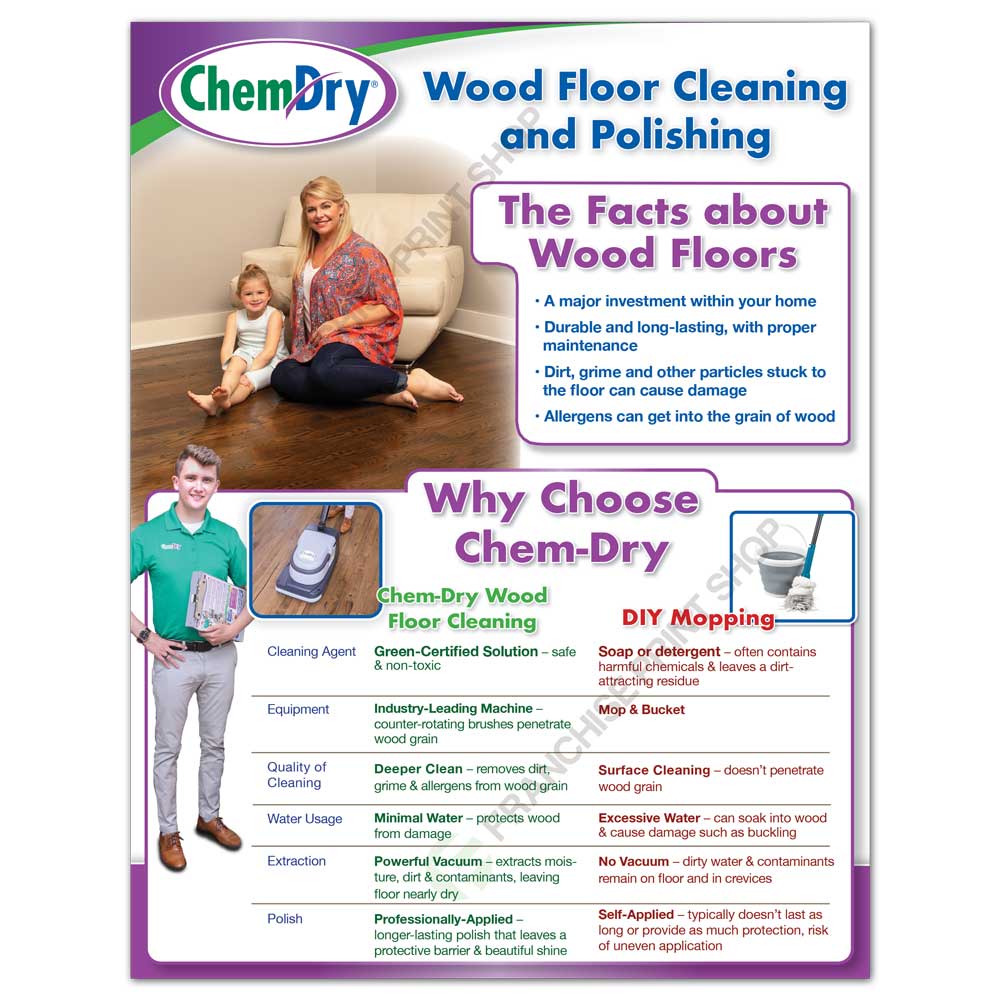 Front view of a custom printed ChemDry residential Flyer with facts of wood floor cleaning and polishing