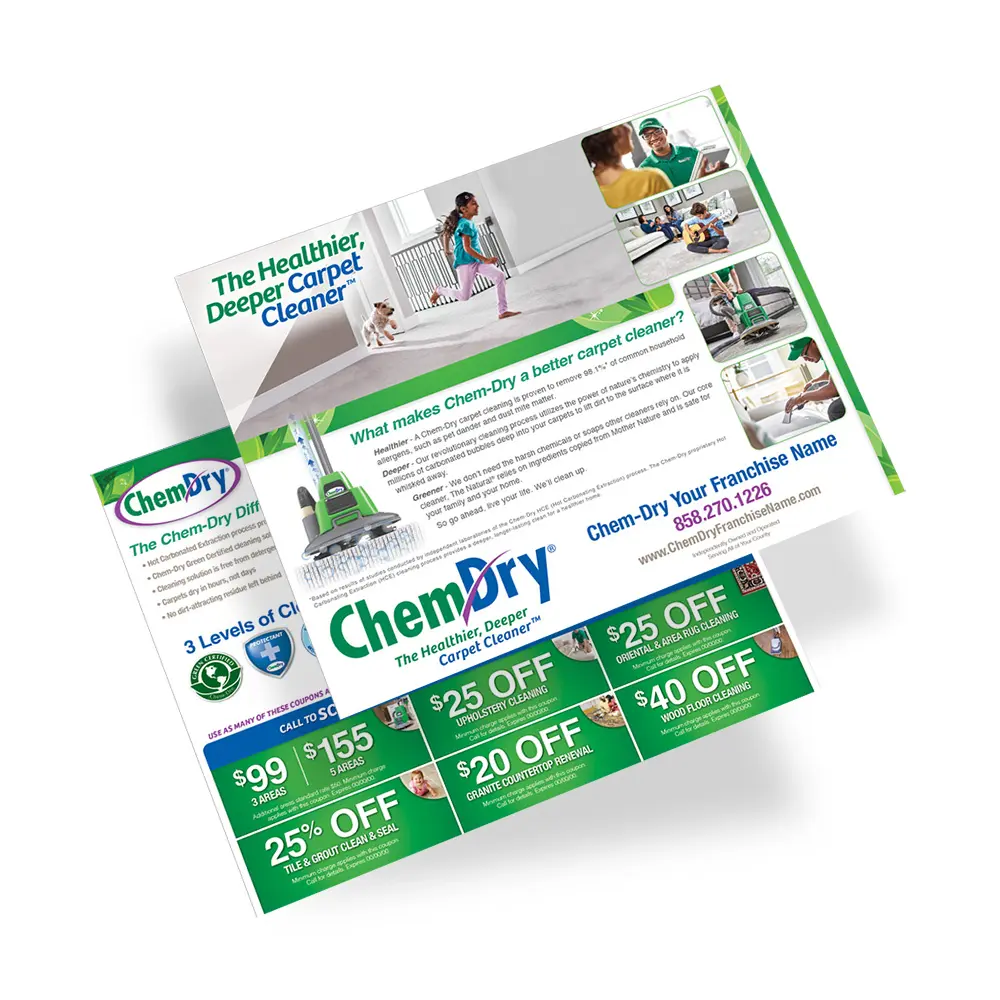 Front and back view of two custom printed ChemDry branded postcards with service promotions and girl and dog running on clean carpet