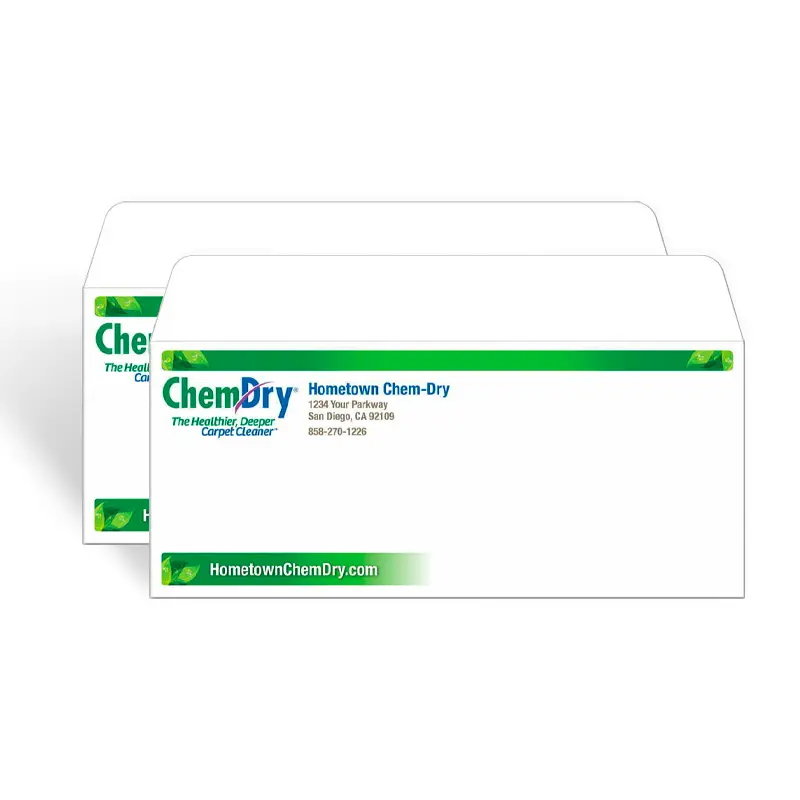 Front view of two custom printed ChemDry branded business envelopes