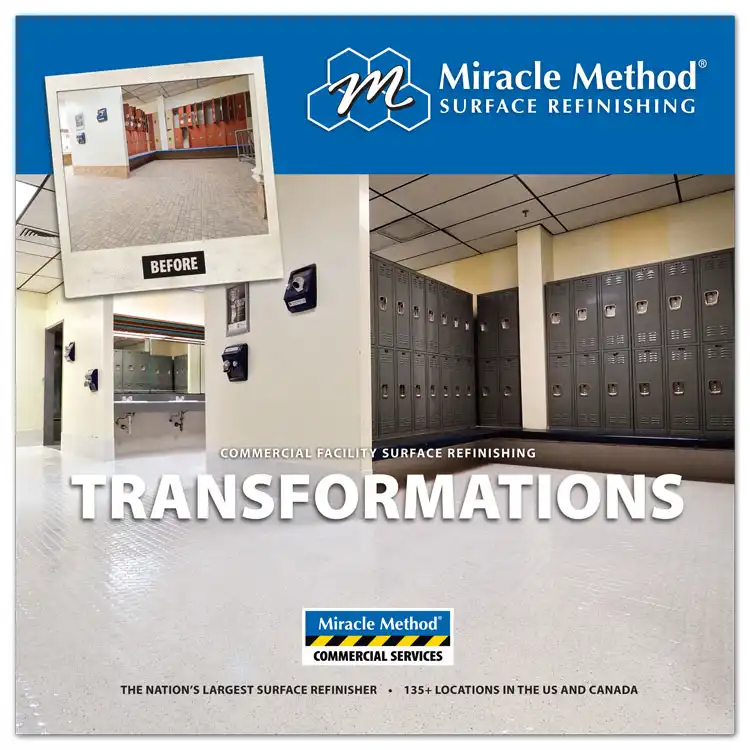 Front view of a custom printed Miracle Method album with a view of a commercial locker room transformation