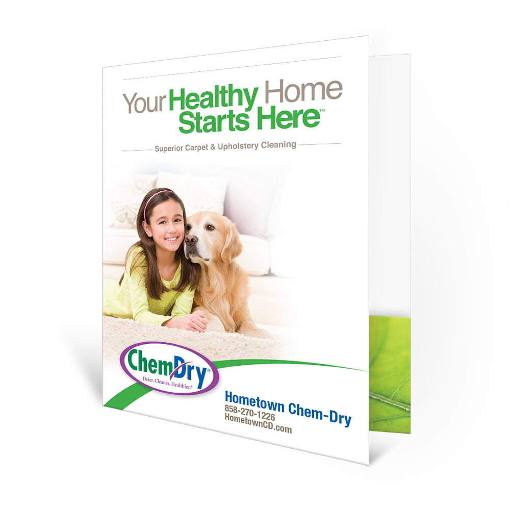 Front profile view of a custom printed ChemDry presentation folder with a girl and golden retriever laying on clean carpet