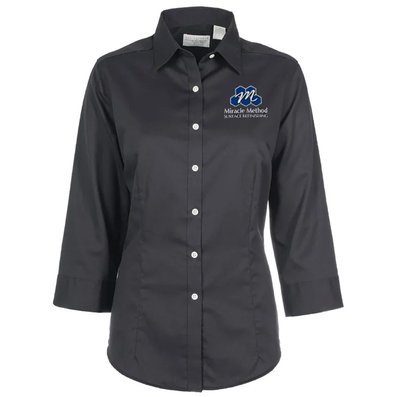Front view of a custom Miracle Method embroidered ladies black women's dress shirt