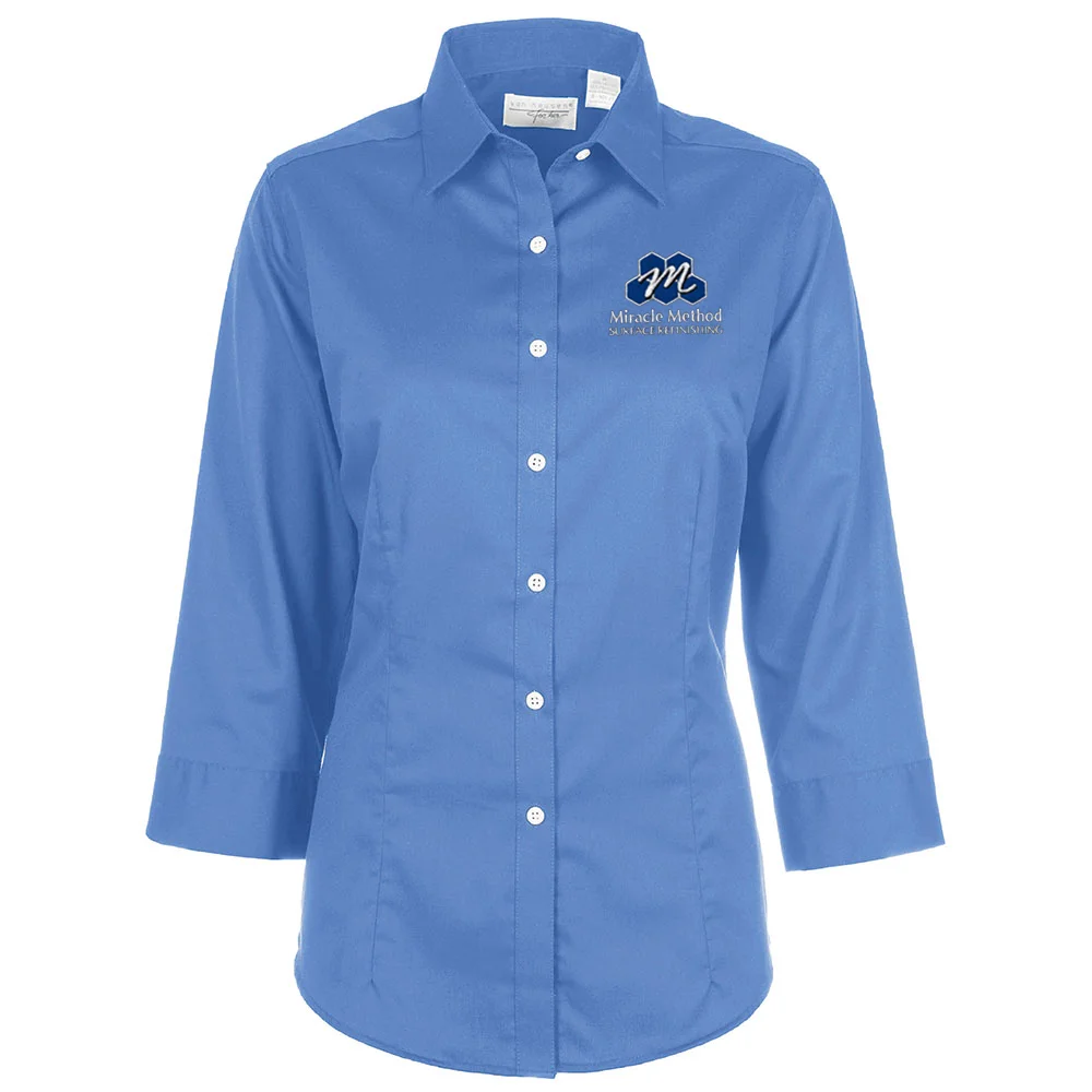 Front view of a custom Miracle Method embroidered ladies cobalt blue women's dress shirt