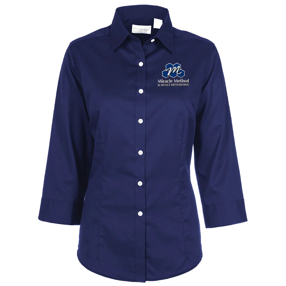 Front view of a custom Miracle Method embroidered ladies navy women's dress shirt