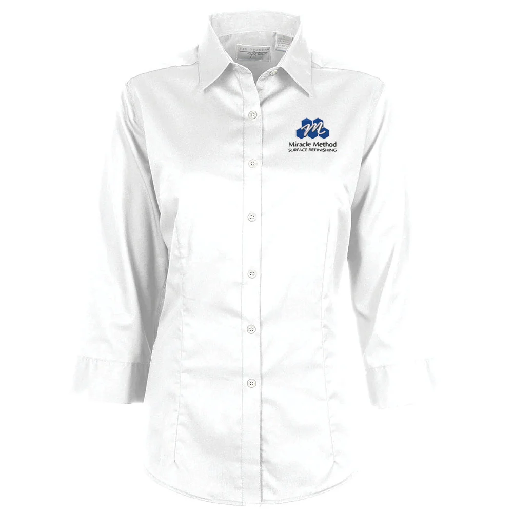 Front view of a custom Miracle Method embroidered ladies white women's dress shirt