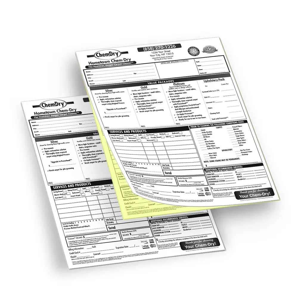 Front side profile view of two custom printed ChemDry branded service invoices