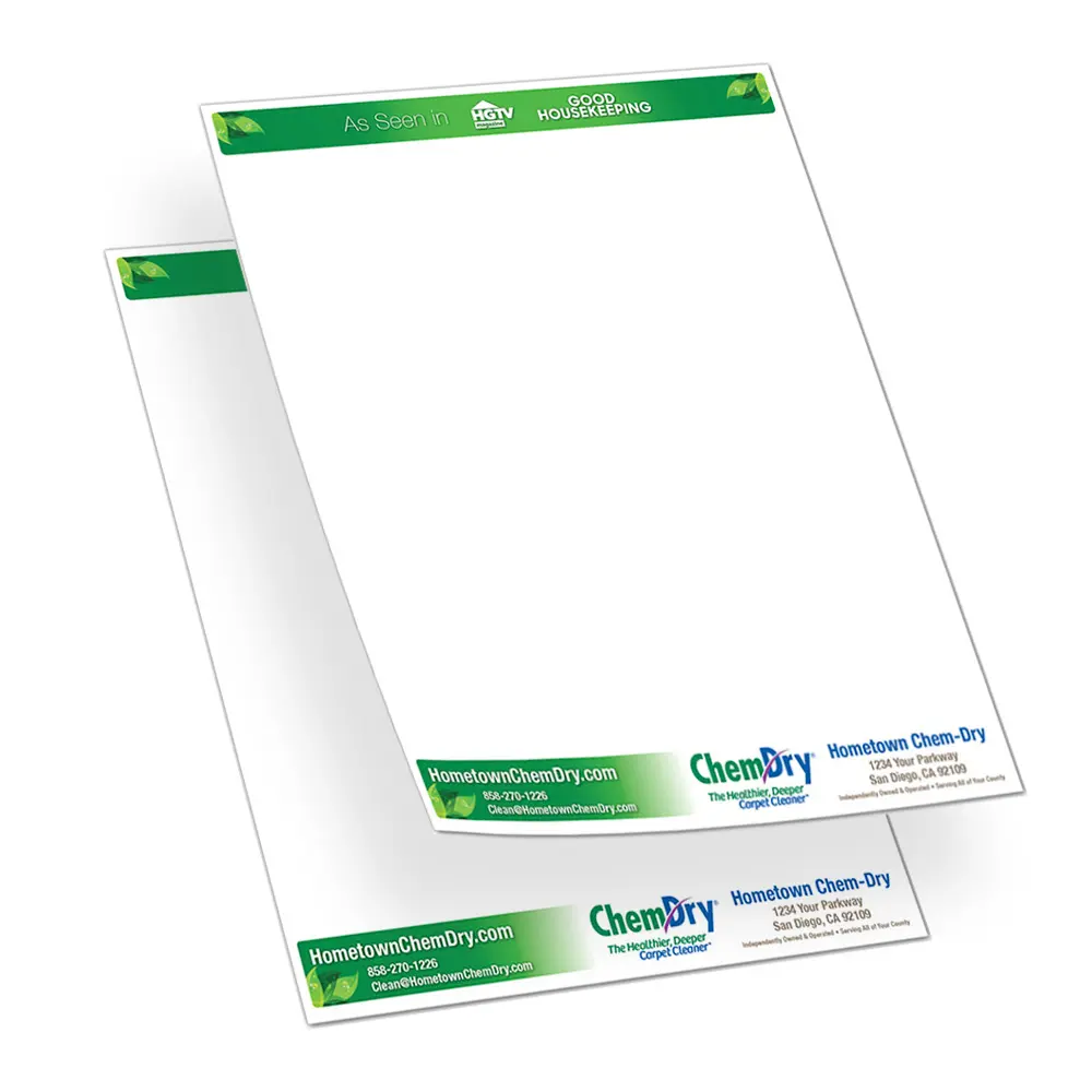 Front side view of two custom printed ChemDry letterheads