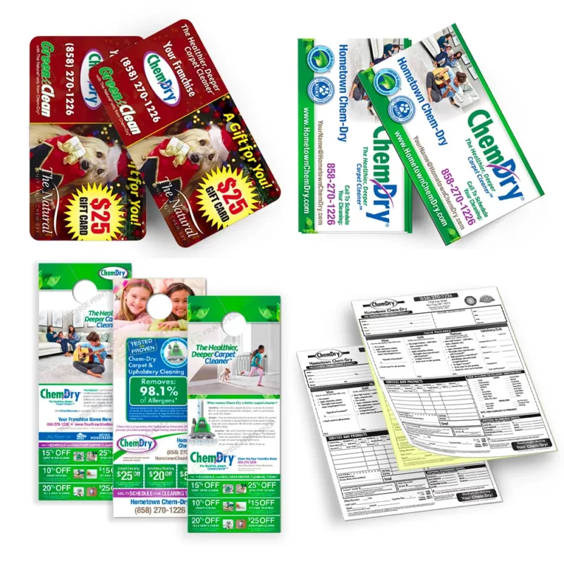 Front profile views of two custom printed ChemDry gift cards, two business cards, three door hangers and two invoices