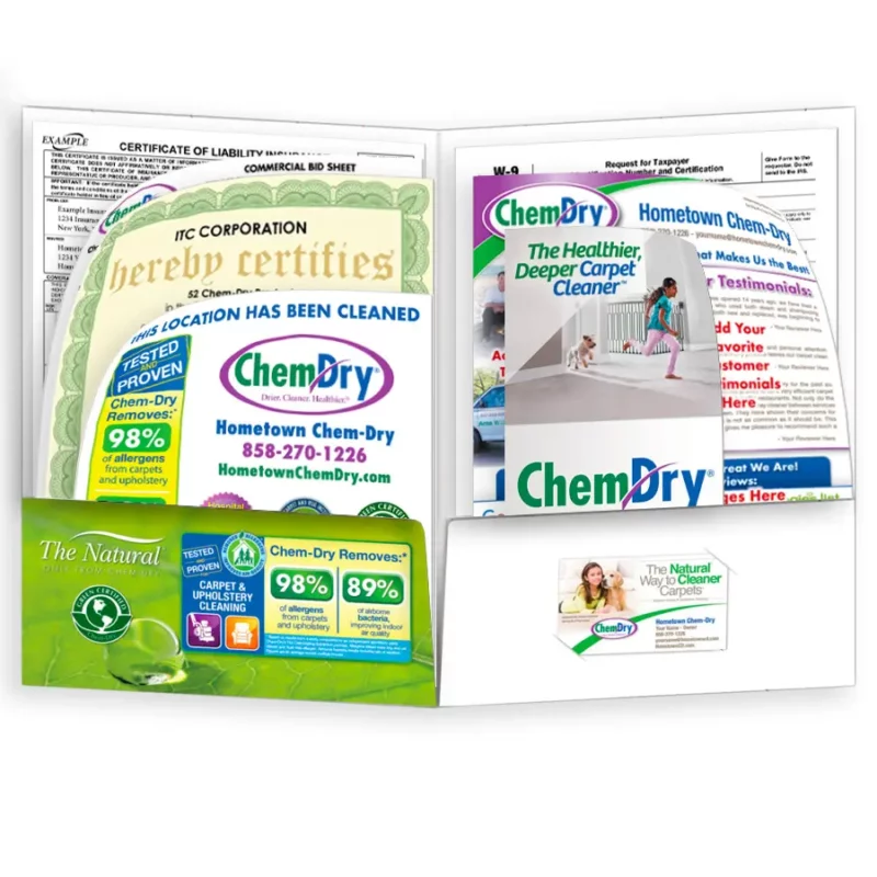 Inside view of a custom printed ChemDry marketing materials including: a window cling, flyers, brochure and forms