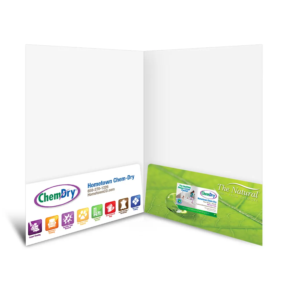 Inside profile view of a custom printed ChemDry presentation folder with a business card inserted