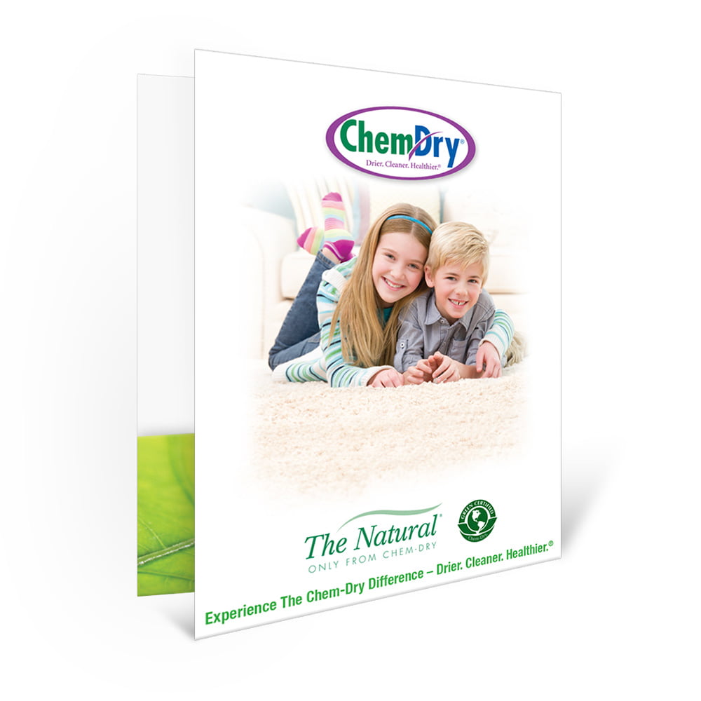 Back profile view of a custom printed ChemDry presentation folder with a boy and girl laying on clean carpet