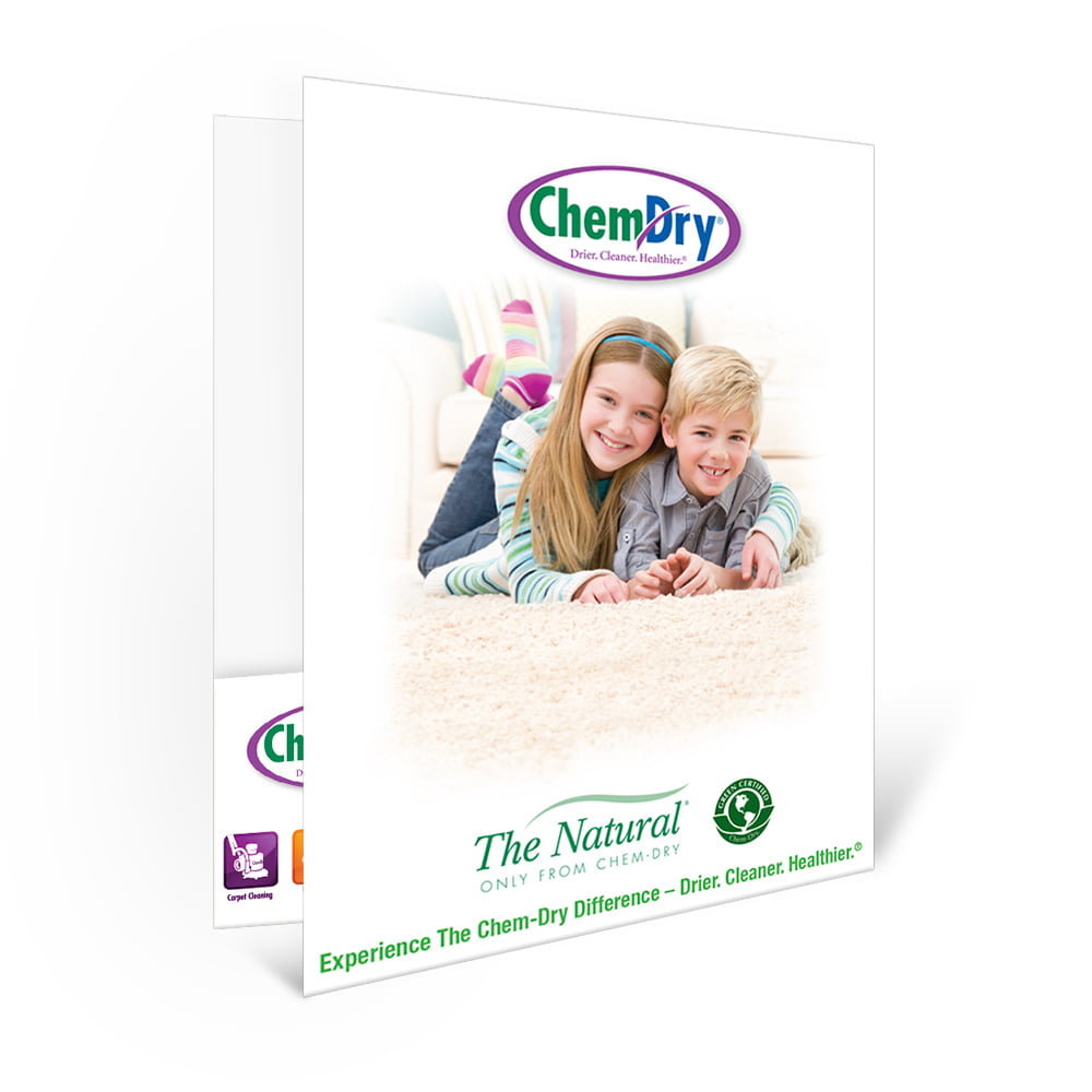 Back profile view of a custom printed ChemDry presentation folder with a boy and girl laying on clean carpet