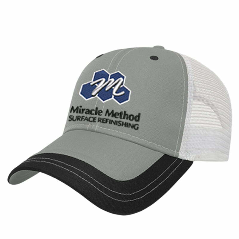 side profile of a custom embroidered Miracle Method grey and black brim and white mesh trucker style hat