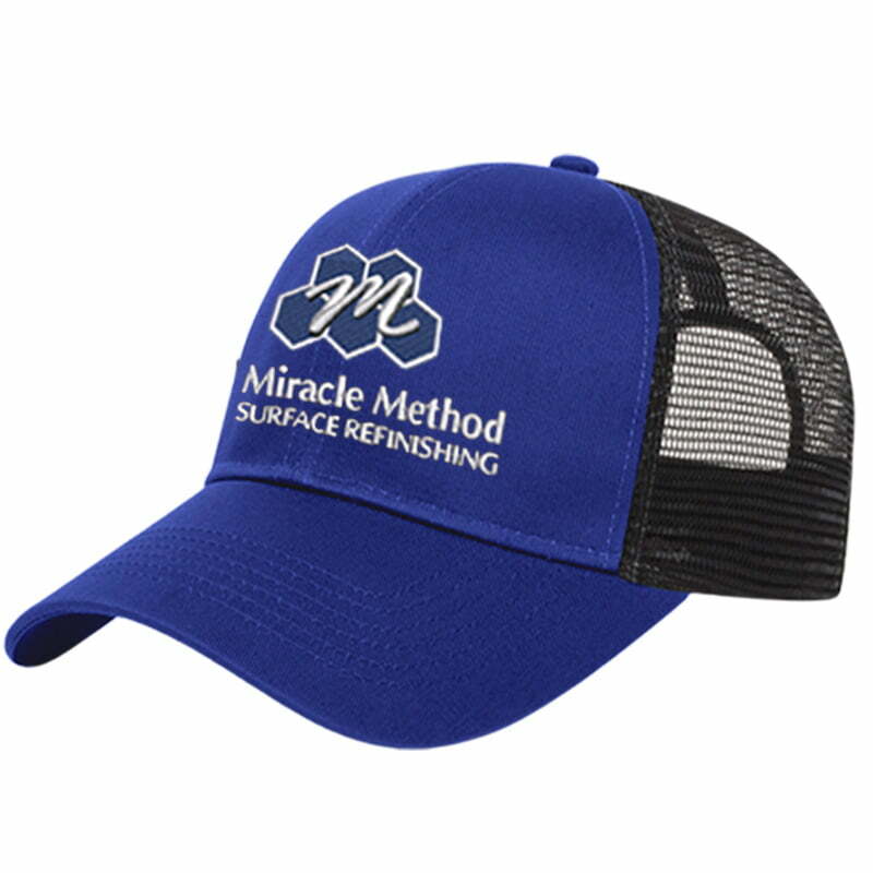 side profile of a custom embroidered Miracle Method royal blue and black mesh trucker style hat