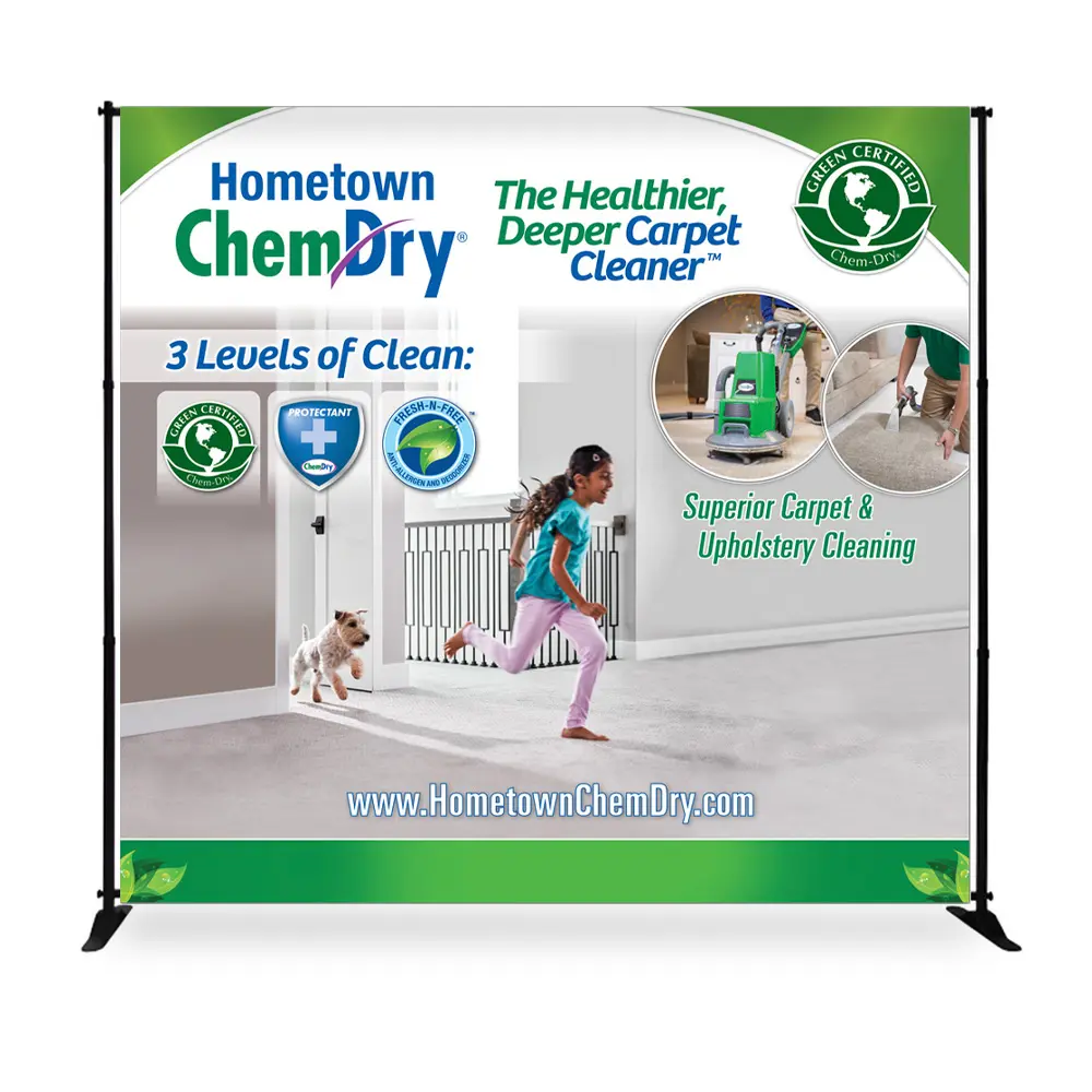 Front view of a custom printed ChemDry 2022 backdrop display of girl and dog running on clean carpet
