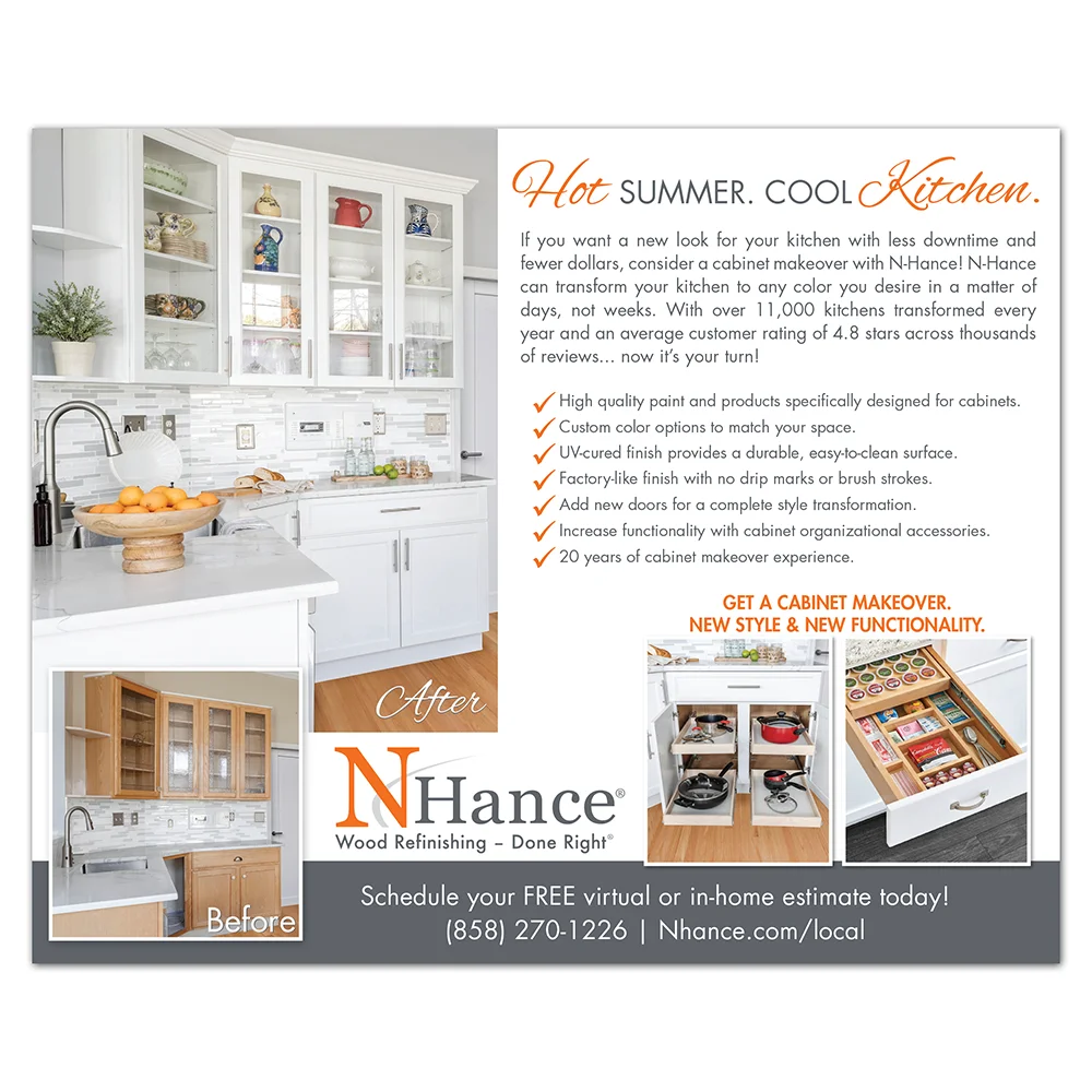 Front view of a custom printed N-Hance Hot Summer Cool Kitchen EDDM Every door direct mailer