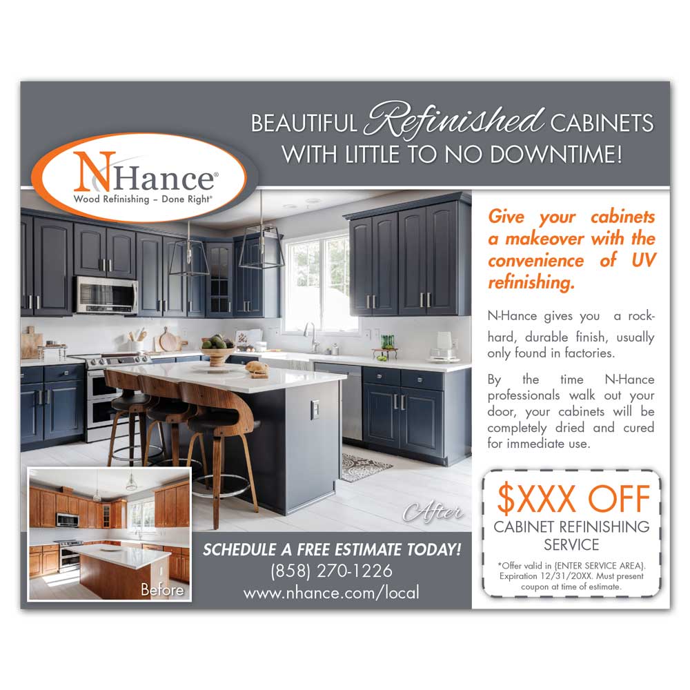 front view of a custom printed N-Hance Every Door Direct Mailer EDDM with a refinished grey cabinet kitchen design