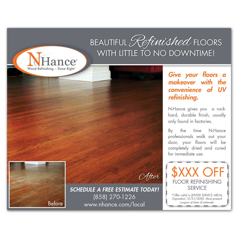 front view of a custom printed N-Hance Every Door Direct Mailer EDDM with a Lightspeed wood floor design
