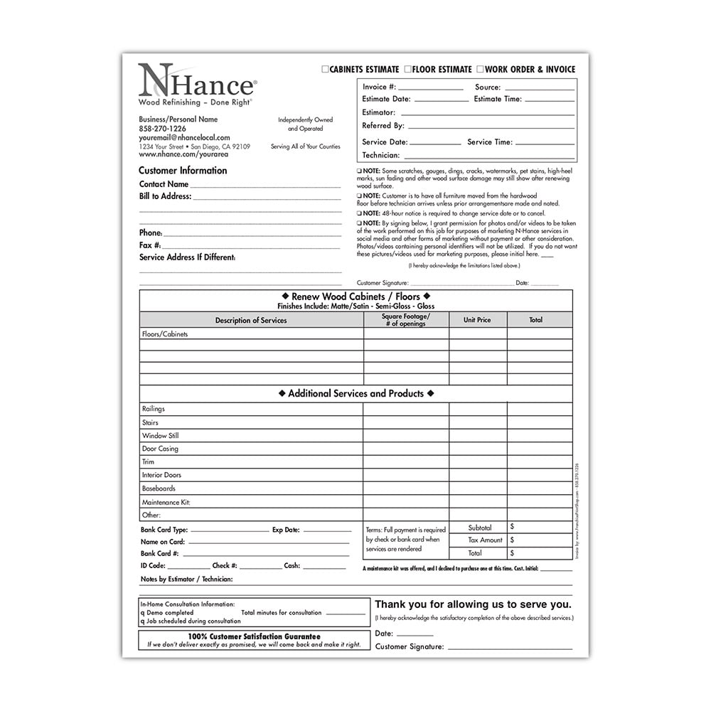 Front view of a custom printed N-Hance estimate form