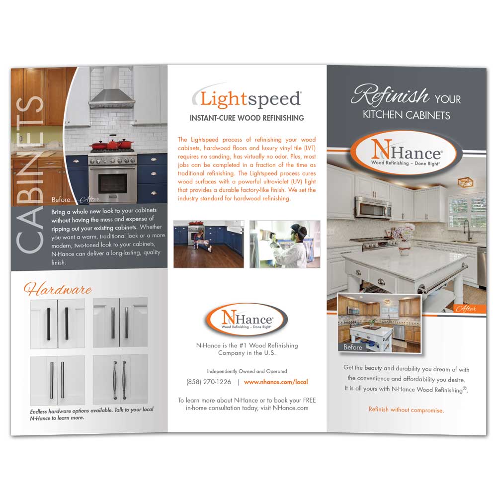Outside view of a custom printed N-Hance Tri-fold brochure with kitchen cabinet refinishing options