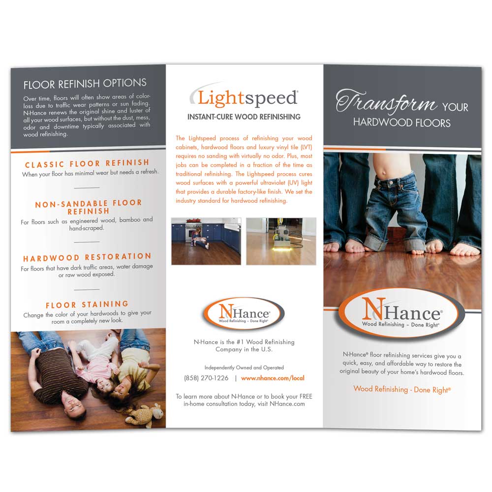 Outside view of a custom printed N-Hance Tri-fold brochure with hardwood floor refinishing options