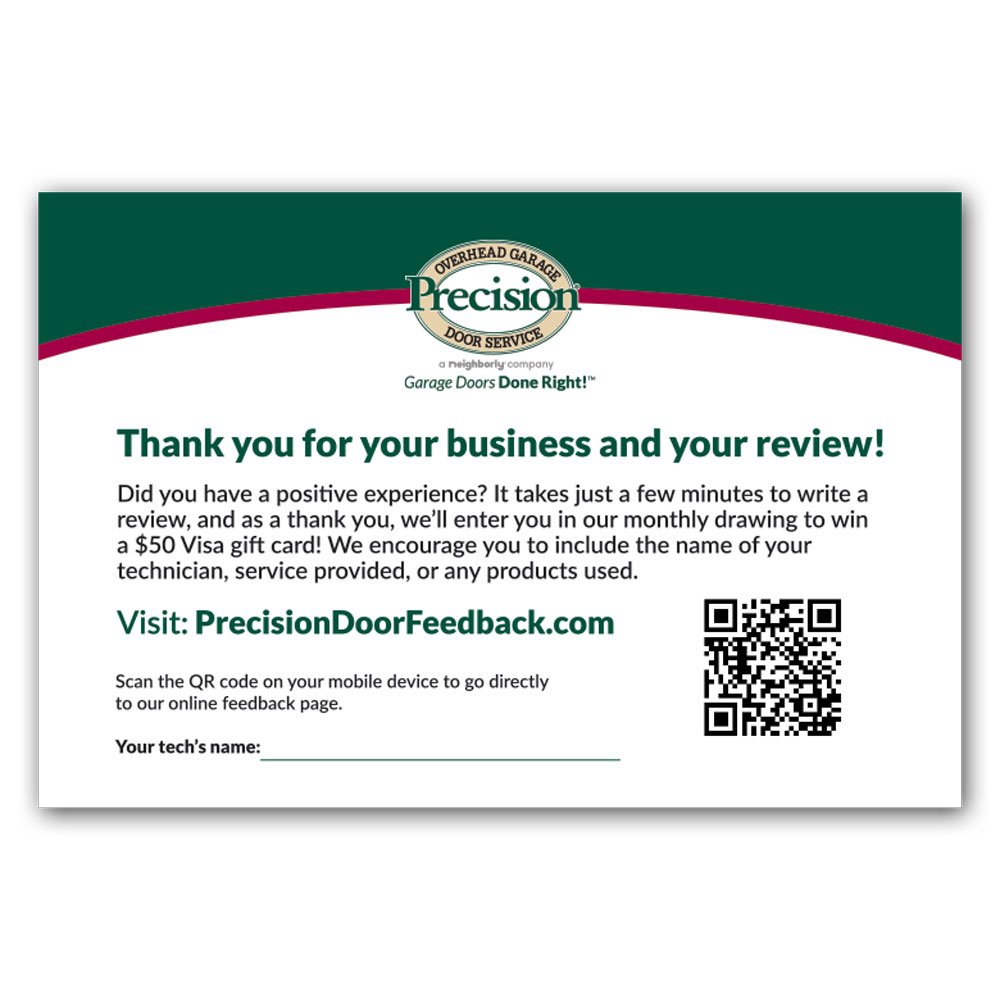 Back view of a custom printed Precision Door Service Review Card