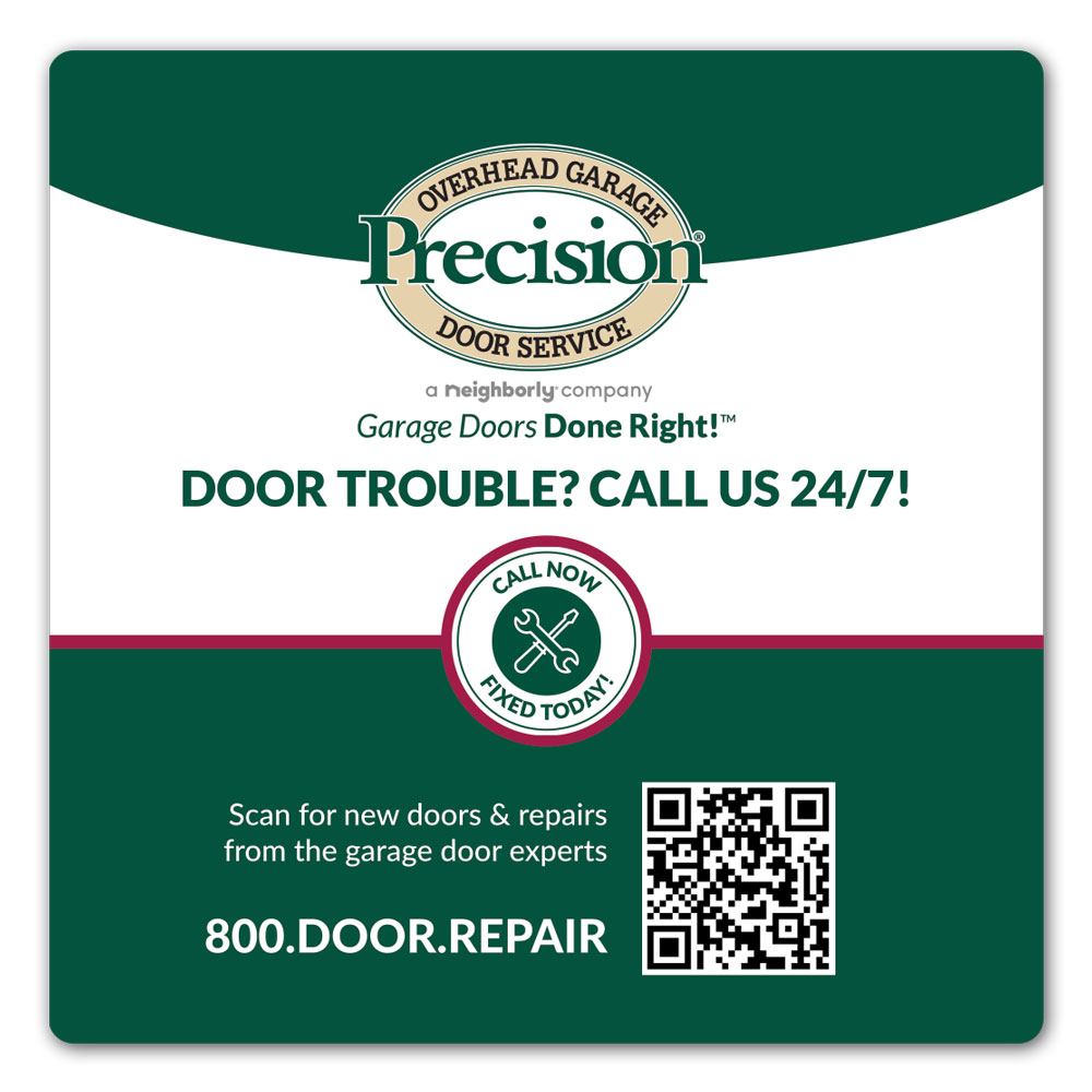 front view of a custom printed Precision Door Service vinyl sticker with qr code