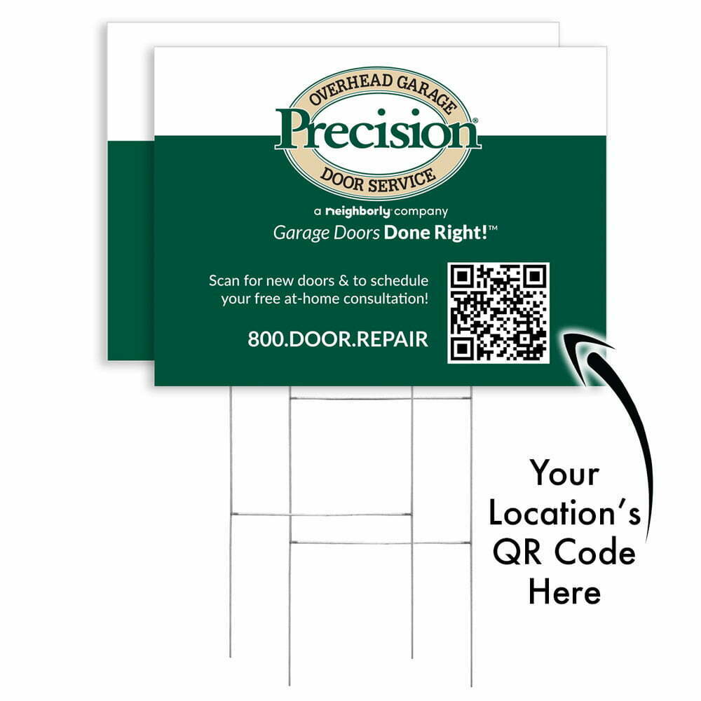 front view of a custom printed Precision Garage Door Service yard sign with qr code