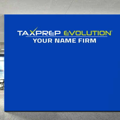blue office wall with custom printed Tax Prep Evolution vinyl decal
