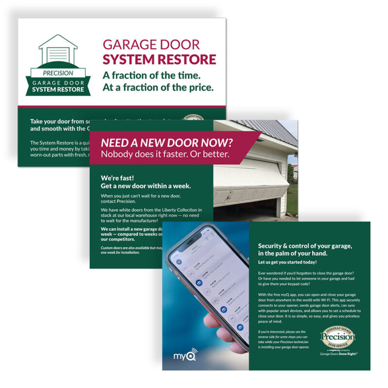 front view of a set of three custom printed Precision Door Service communication cards