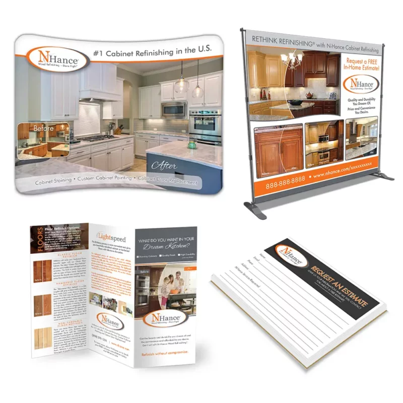 Front profile views of a custom printed N-Hance displays, brochure and notepad package