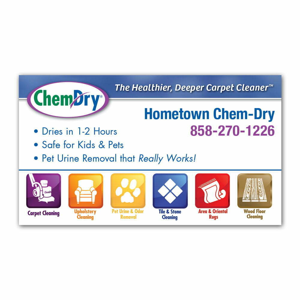 front view of a custom printed ChemDry business card magnet with available cleaning services