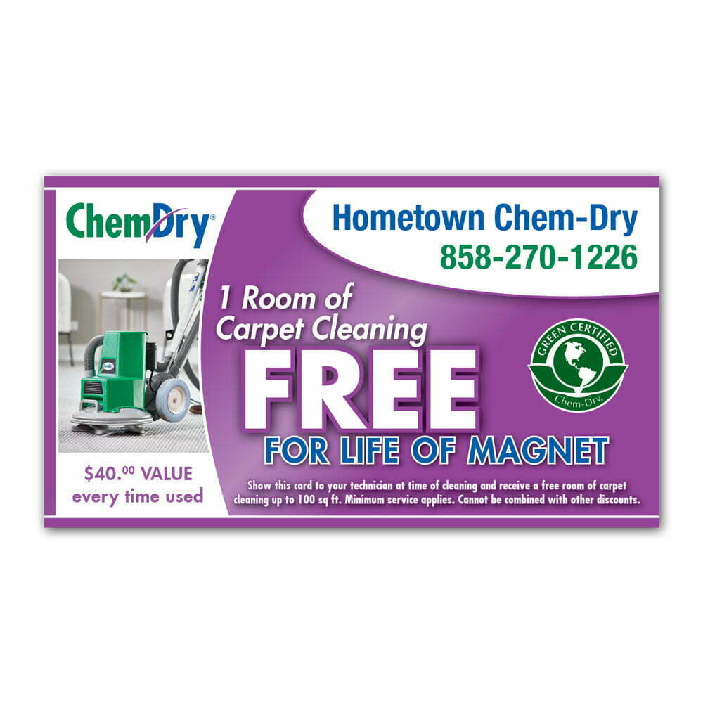 front view of a custom printed ChemDry business card magnet with available cleaning services