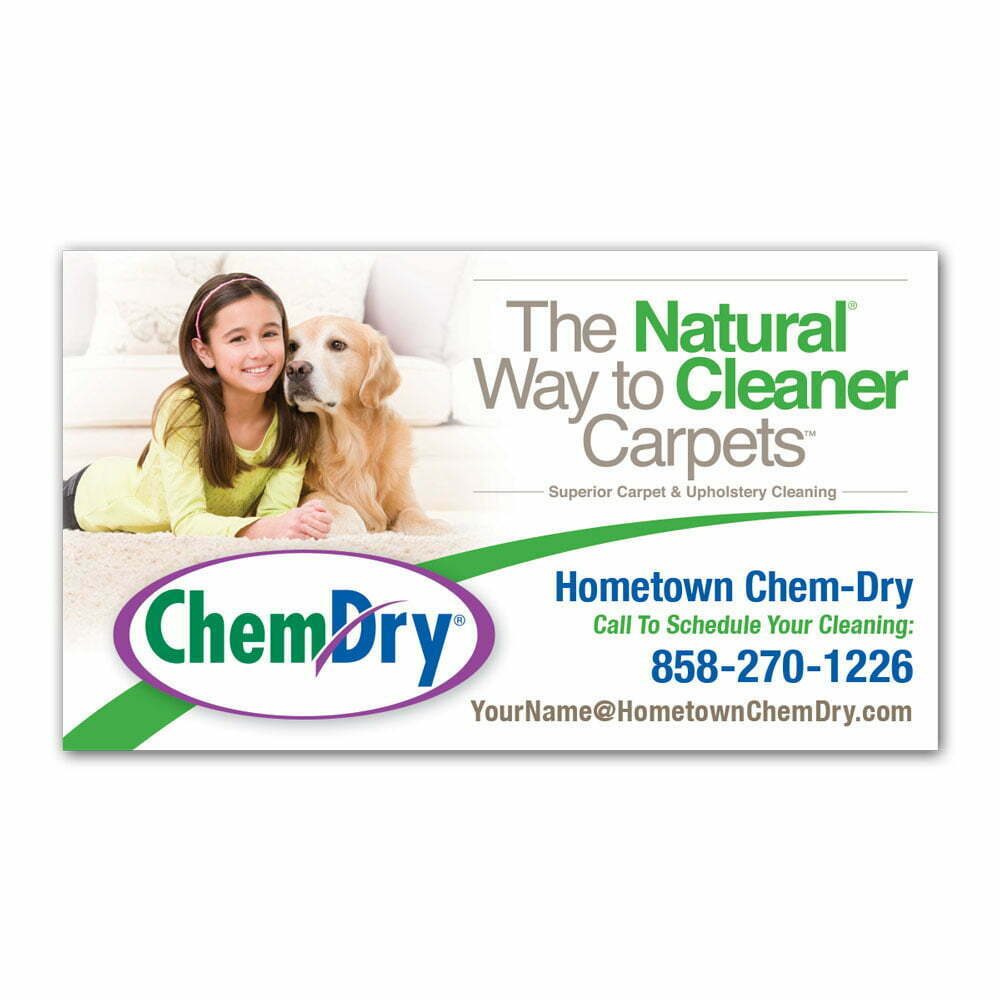 front view of a custom printed ChemDry business card magnet with brand refresh design and girl and dog laying on clean carpet