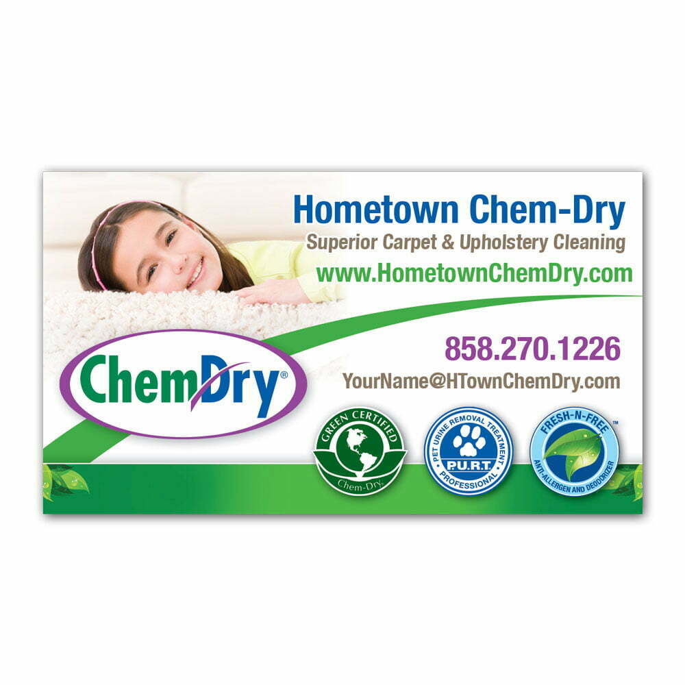 front view of a custom printed ChemDry business card magnet with girl laying head on clean carpet