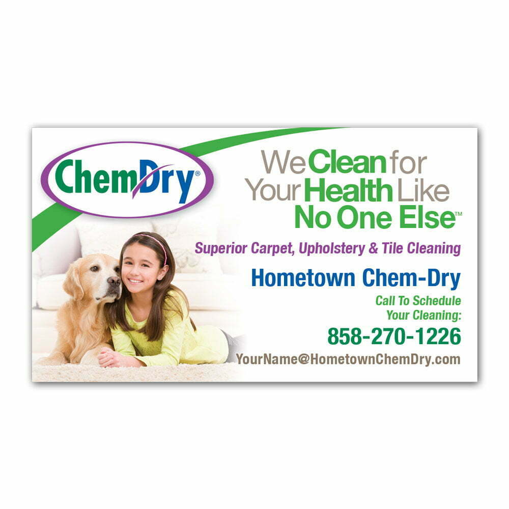 front view of a custom printed ChemDry business card magnet with brand refresh design of girl and dog laying on carpet