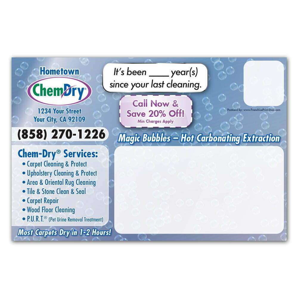 back view of a custom printed ChemDry postcard with promotions and place for address