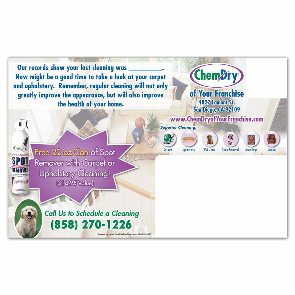 back view of a custom printed ChemDry postcard with promotions and place for address