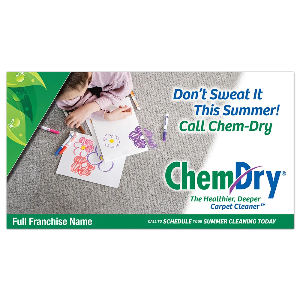 Back view of a custom printed 2023 ChemDry summer postcard with kid coloring with crayons on carpet