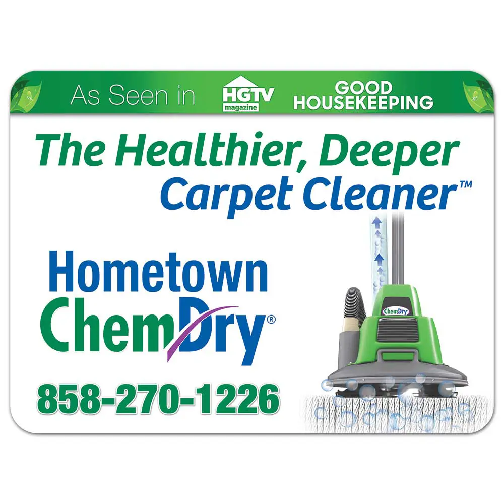 Front view of a custom printed ChemDry branded car magnet with a floor machine cleaning a carpet