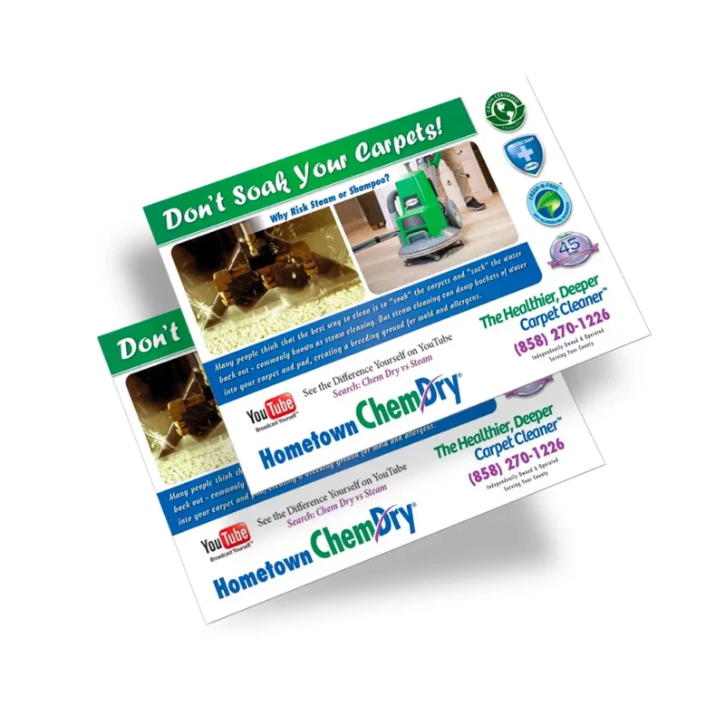 Front side profile view of two custom printed ChemDry branded postcards with a side by side of floor machine and aggressive floor sprayer