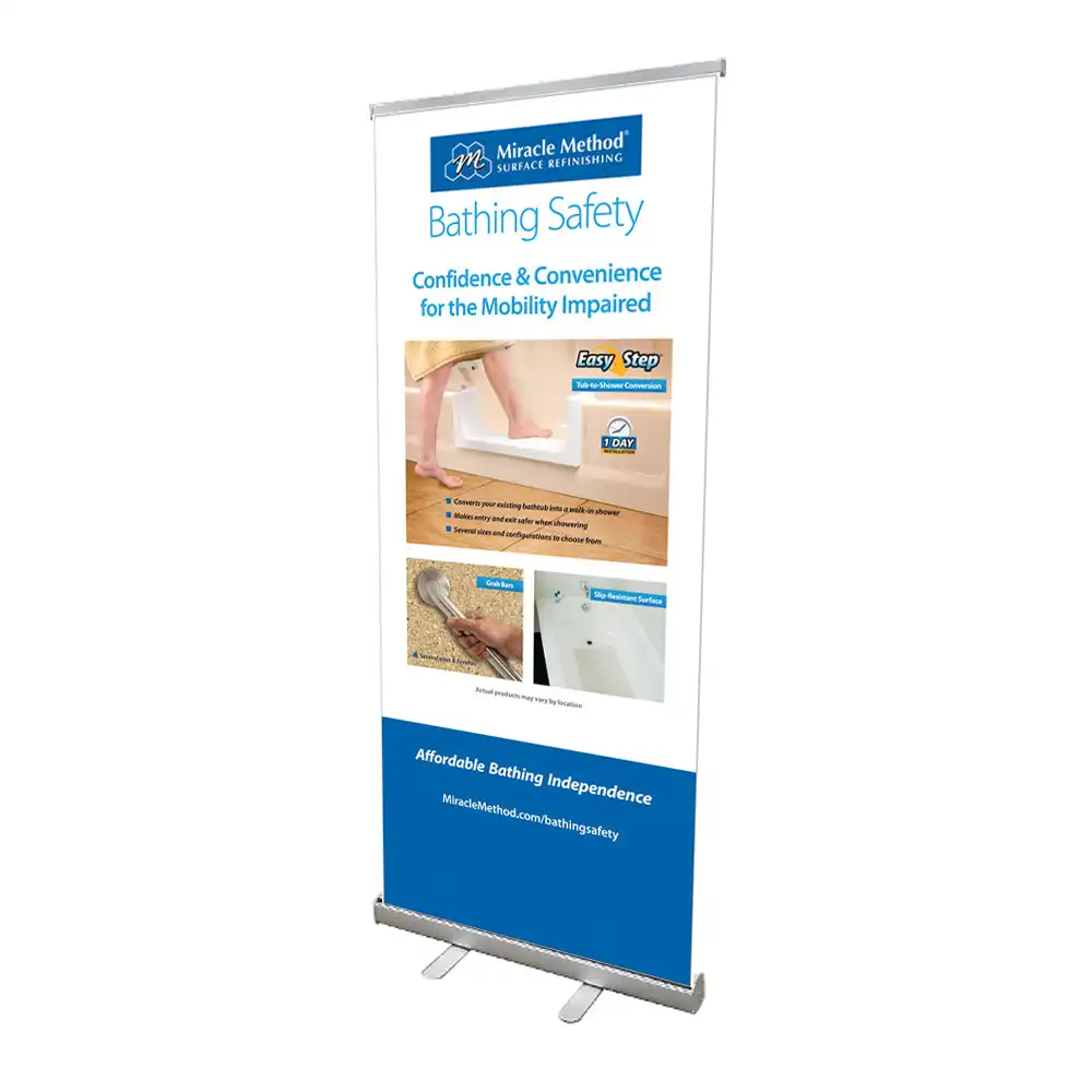 Front profile view of a custom printed Miracle Method banner stand with bathing safety information